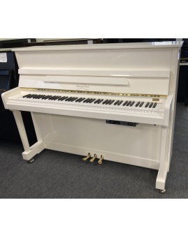 Glossy white-brass upright piano with silencer
