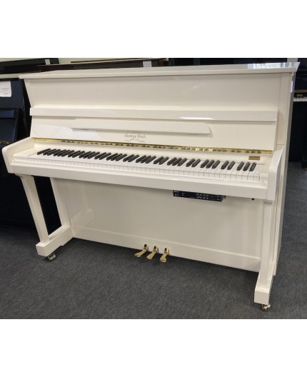Glossy white-brass upright piano with silencer