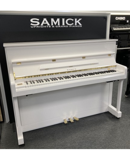 Usado en posición vertical Samick el piano JS115D con silencioso Tienda Nancy Color Blanco brillante Accesorios Latón dorado Sistema silencioso GENIO Óptica Alfa