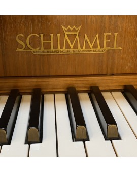 Used upright piano Schimmel 104M, satin walnut finish, brass fittings